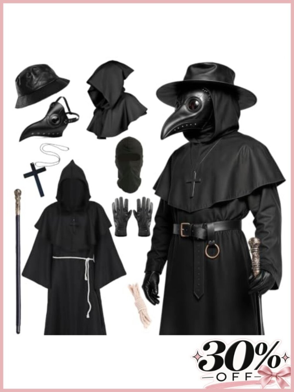 Mens Plague Doctor Costume 9pc Medieval Steampunk Polyester Halloween Cosplay
